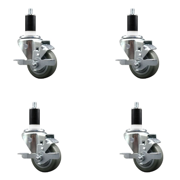 Service Caster 3'' Gray Poly Swivel 1-3/8'' Expanding Stem Caster Set with Brake, 4PK SCC-EX20S314-PPUB-TLB-138-4 - main